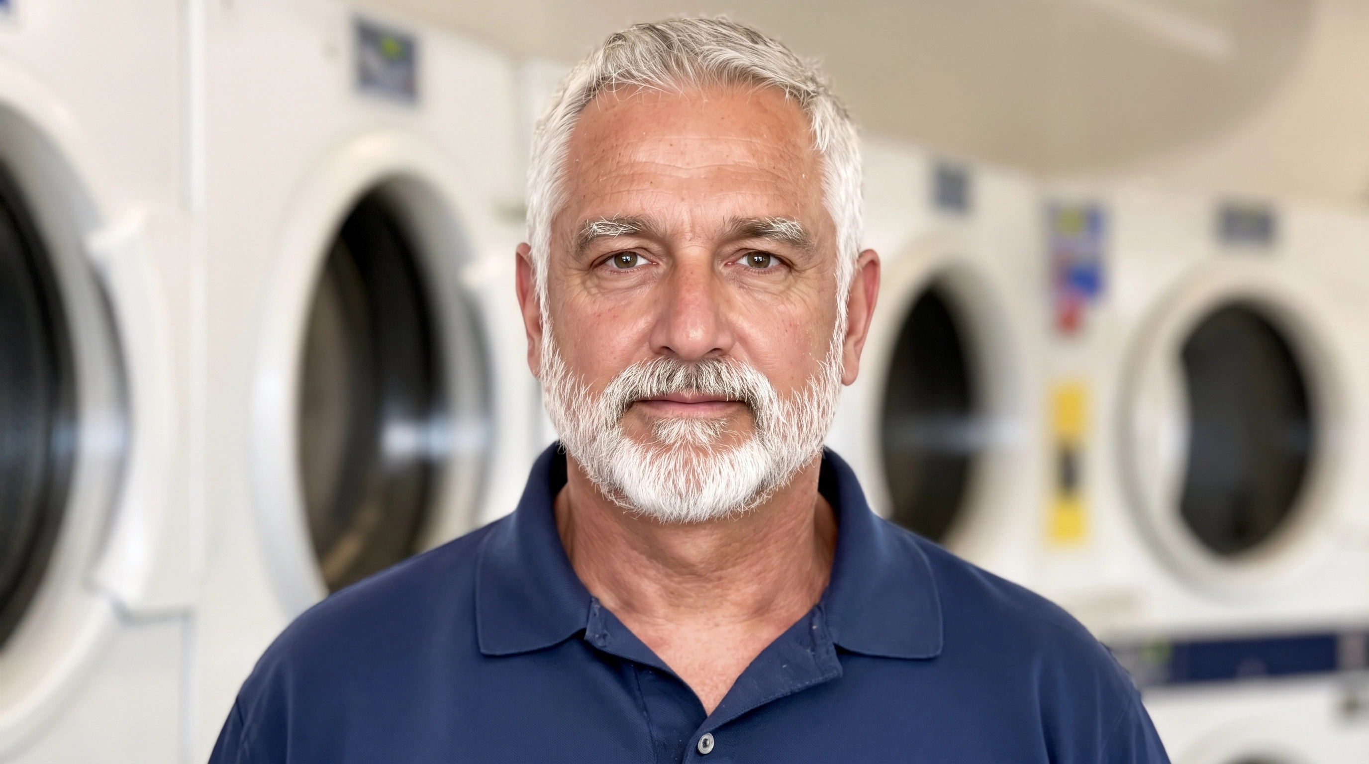 Walt Brennan in his navy shop shirt at Walt's Wash & Fold in Dayton, Ohio