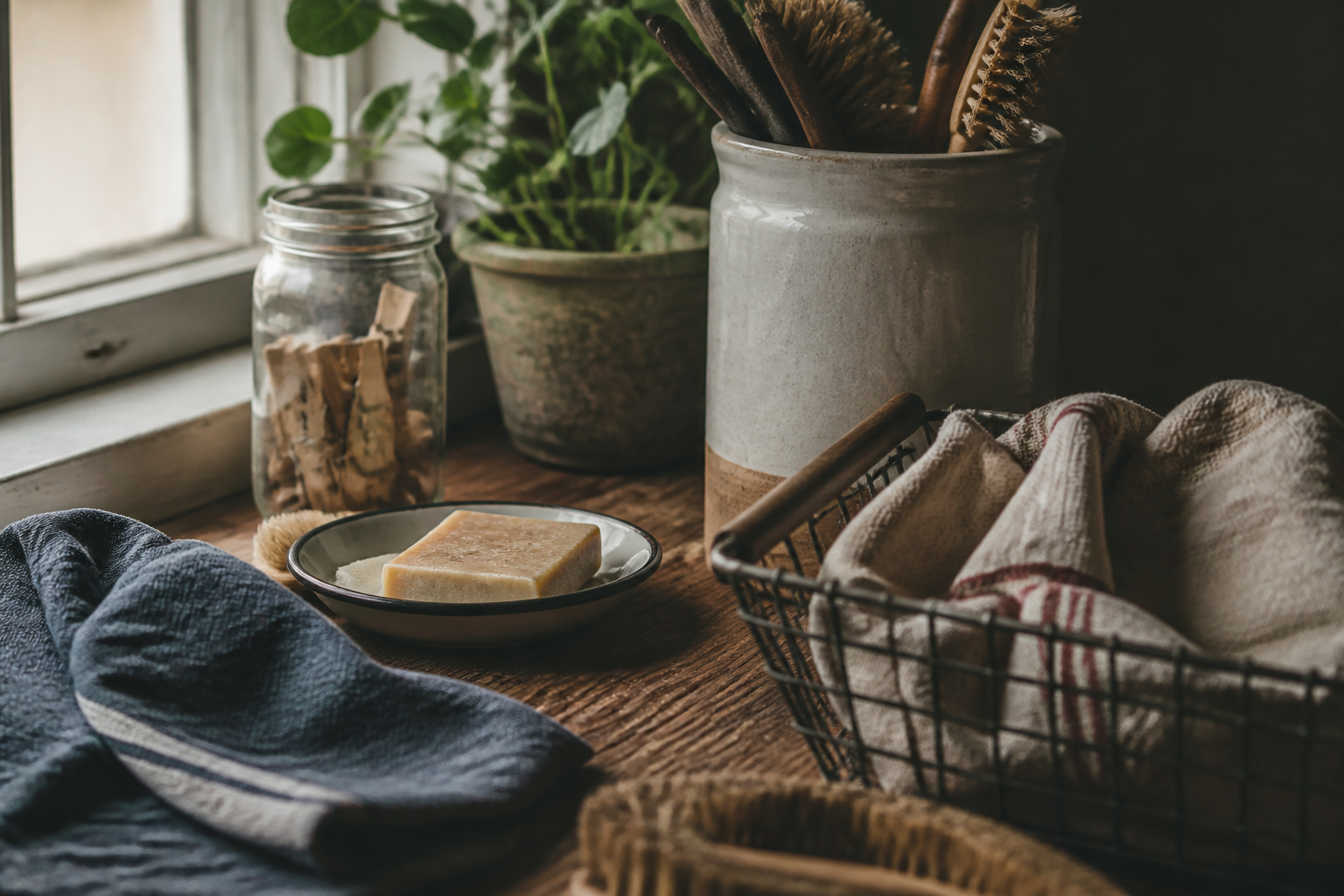 A tidy laundry room counter with washing soda, towels, and a practical household cleaning setup